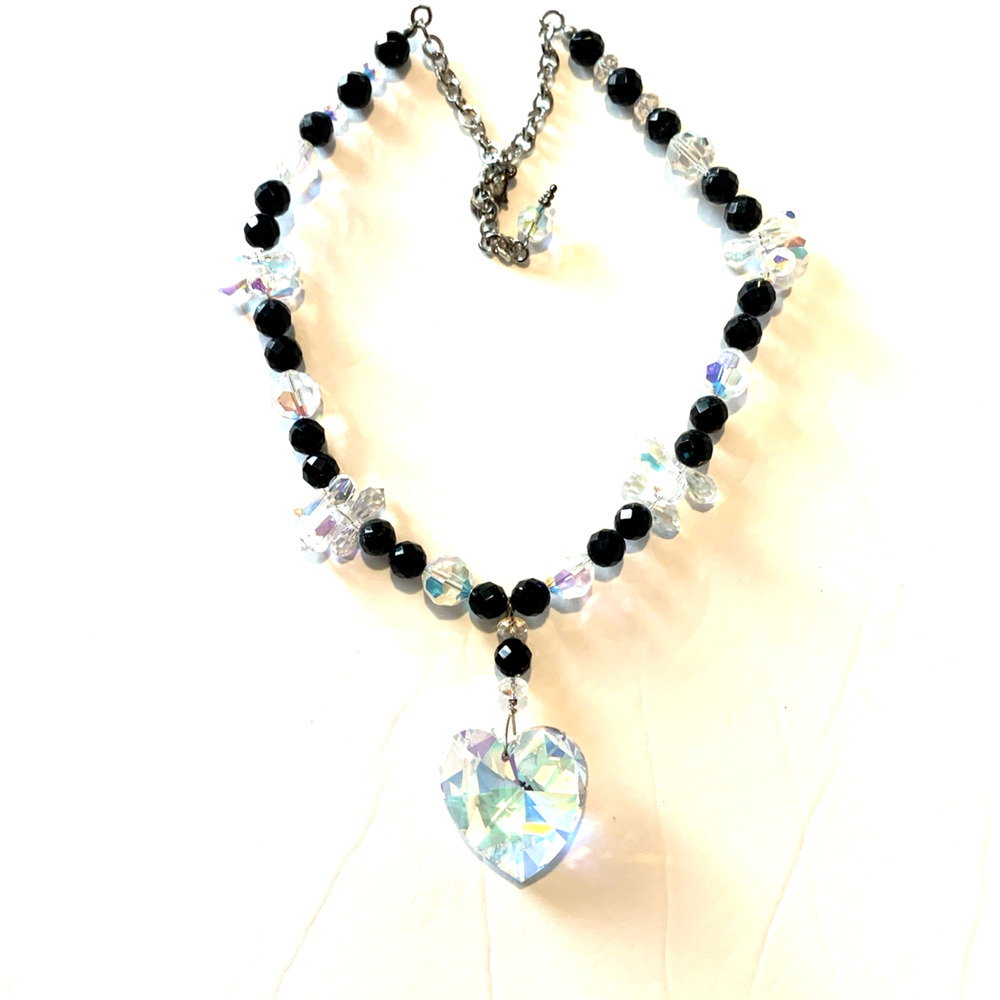Vtg Faceted Aurora Borealis Necklace AB Crystal Heart Iridescent Briolettes 22"